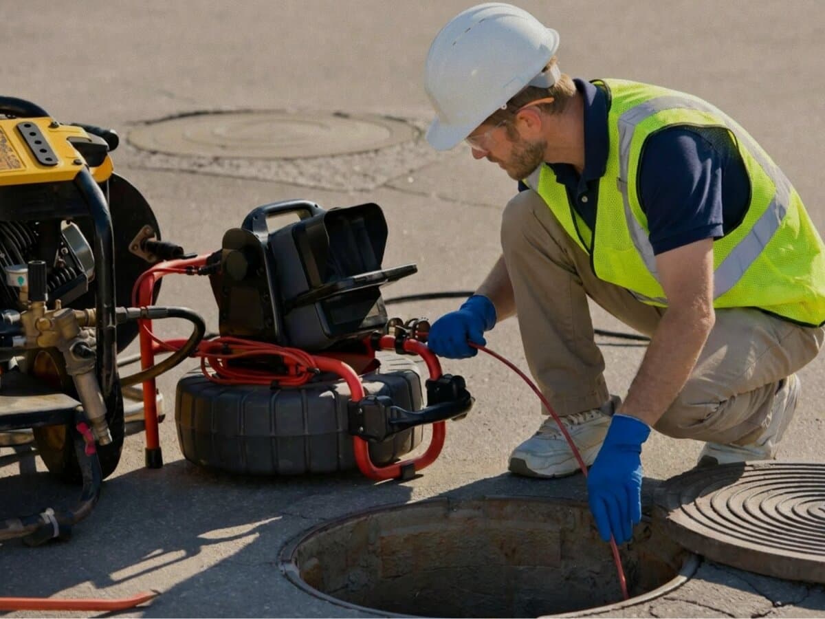 CCTV sewer inspection at a manhole before recommending emergency repair steps
