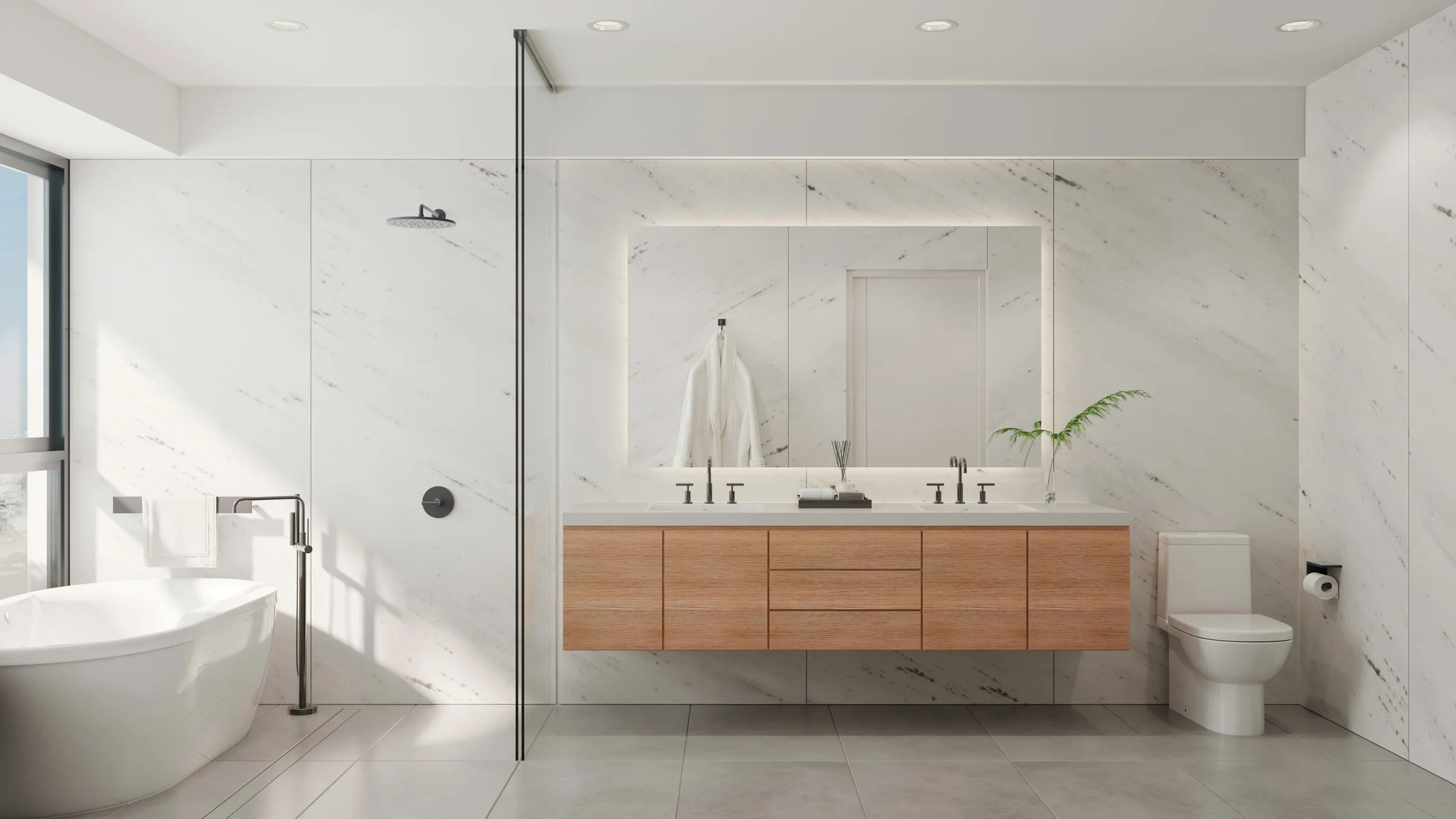 Clean, modern bathroom interior with working drains after restoration