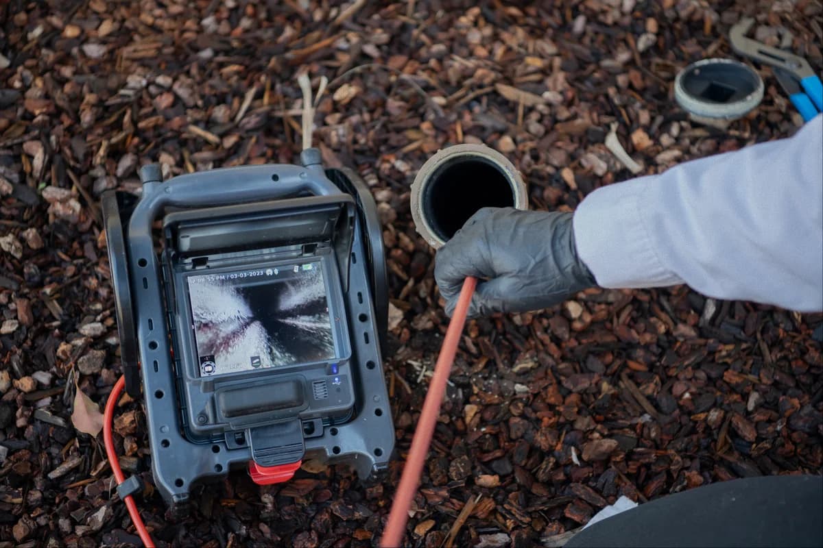 Sewer camera monitor displaying live in-pipe footage on a job site
